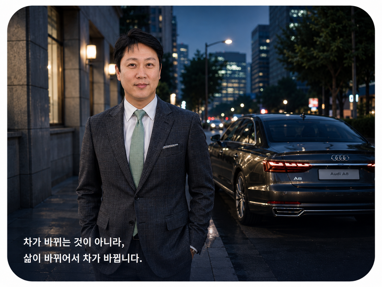 성공적인 라이프스타일과 다음차를 상징하는 인물과 Audi A8