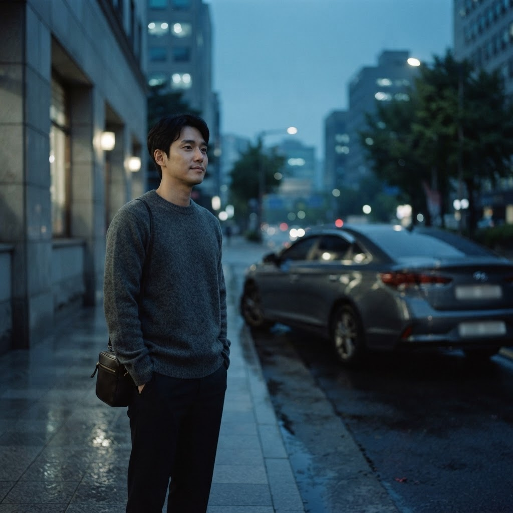 도시의 저녁, 삶의 변화 앞에 서 있는 운전자의 모습